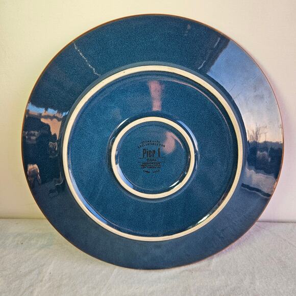 Pier 1 Large Tunisia Chop Plate Stoneware Blue Glaze & Scroll Rim Embossed 13" - Picture 3 of 7